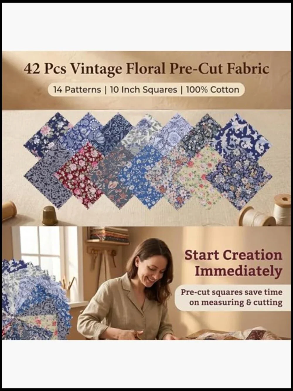 42 Pre-Cut Cotton Fabric Squares 10 inch Vintage Floral Patchwork Quilting